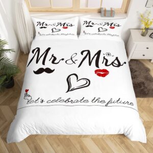 mr mrs bedding set for couples bride and groom wedding comforter cover black white creative funny quotes duvet cover modern valentine day gift bed set king size bedding collection (no comforter)