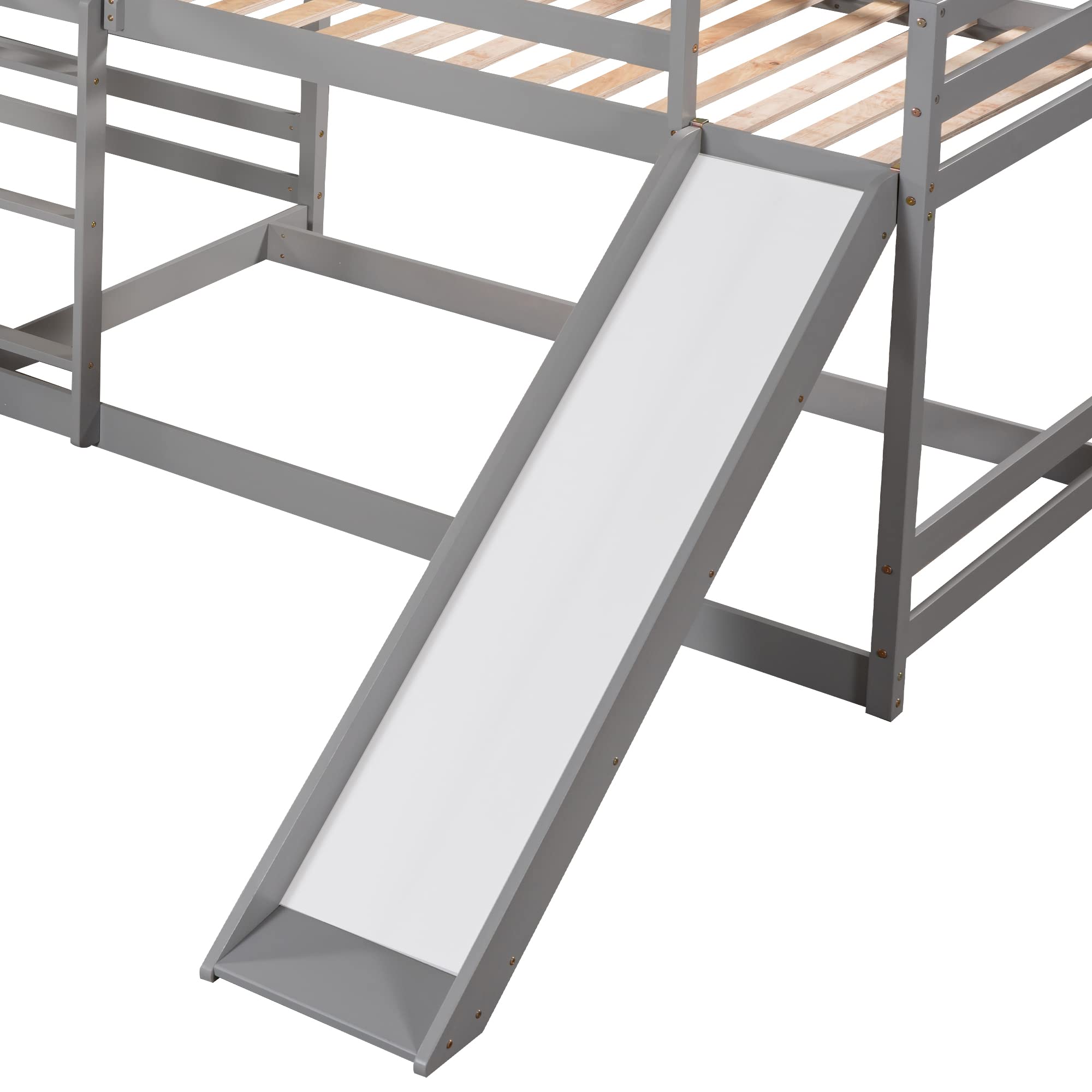 L Shaped Bunk Bed for 4, Wooden Quad Bunk Bed with Slide, Full Over Full Bunk Bed with Twin Over Twin Bunk Bed Attached for Kids Girls Boys - Gray