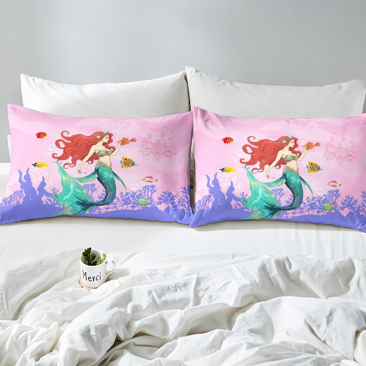 Mermaid Duvet Cover Set Twin Size,Goldfish Seaweed Cartoon Bedding Set 2pcs for Kids Teens Boys Girls Room Decor, Marine Life Comforter Cover Pink Castle Romantic Quilt Cover with 1 Pillowcase