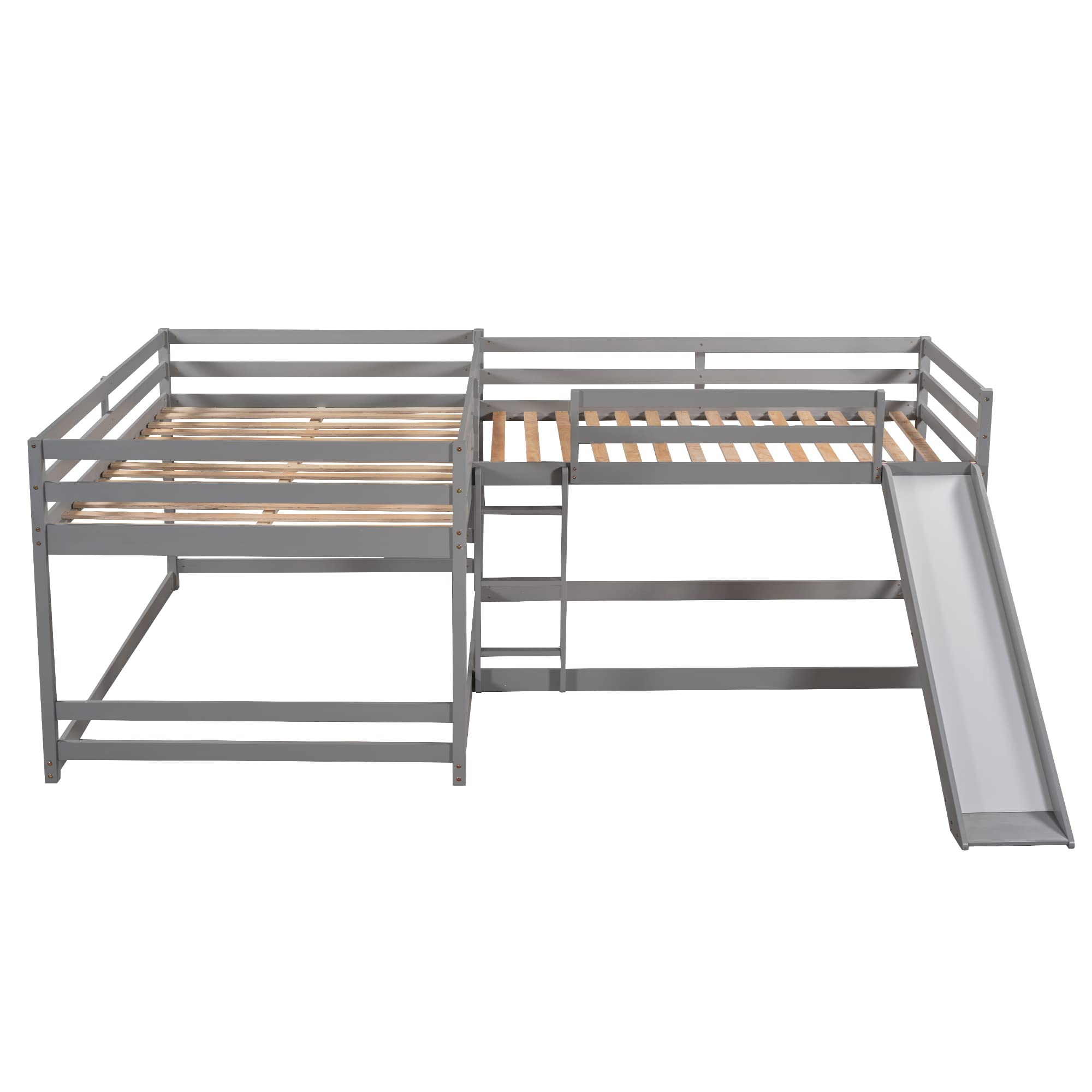 L Shaped Bunk Bed for 4, Wooden Quad Bunk Bed with Slide, Full Over Full Bunk Bed with Twin Over Twin Bunk Bed Attached for Kids Girls Boys - Gray