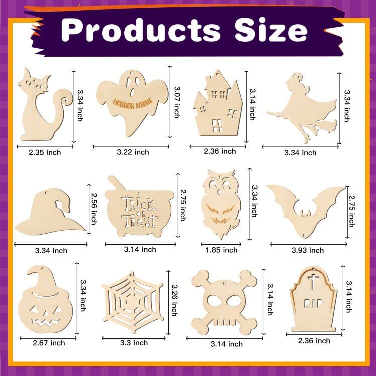 MGparty Halloween Crafts 60PCS Halloween Wooden Slices DIY Natural Wood Crafts Unfinished Predrilled Cutouts Ornaments for Kids Halloween Hanging Decorations Gifts