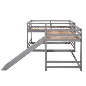 L Shaped Bunk Bed for 4, Wooden Quad Bunk Bed with Slide, Full Over Full Bunk Bed with Twin Over Twin Bunk Bed Attached for Kids Girls Boys - Gray