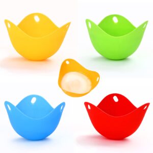 4 pack silicone egg poaching cups boiler molds with ring standers easy release and cleaning poached bowl for microwave or stove top cooking (orange, green, blue, red), red,orange,blue,green