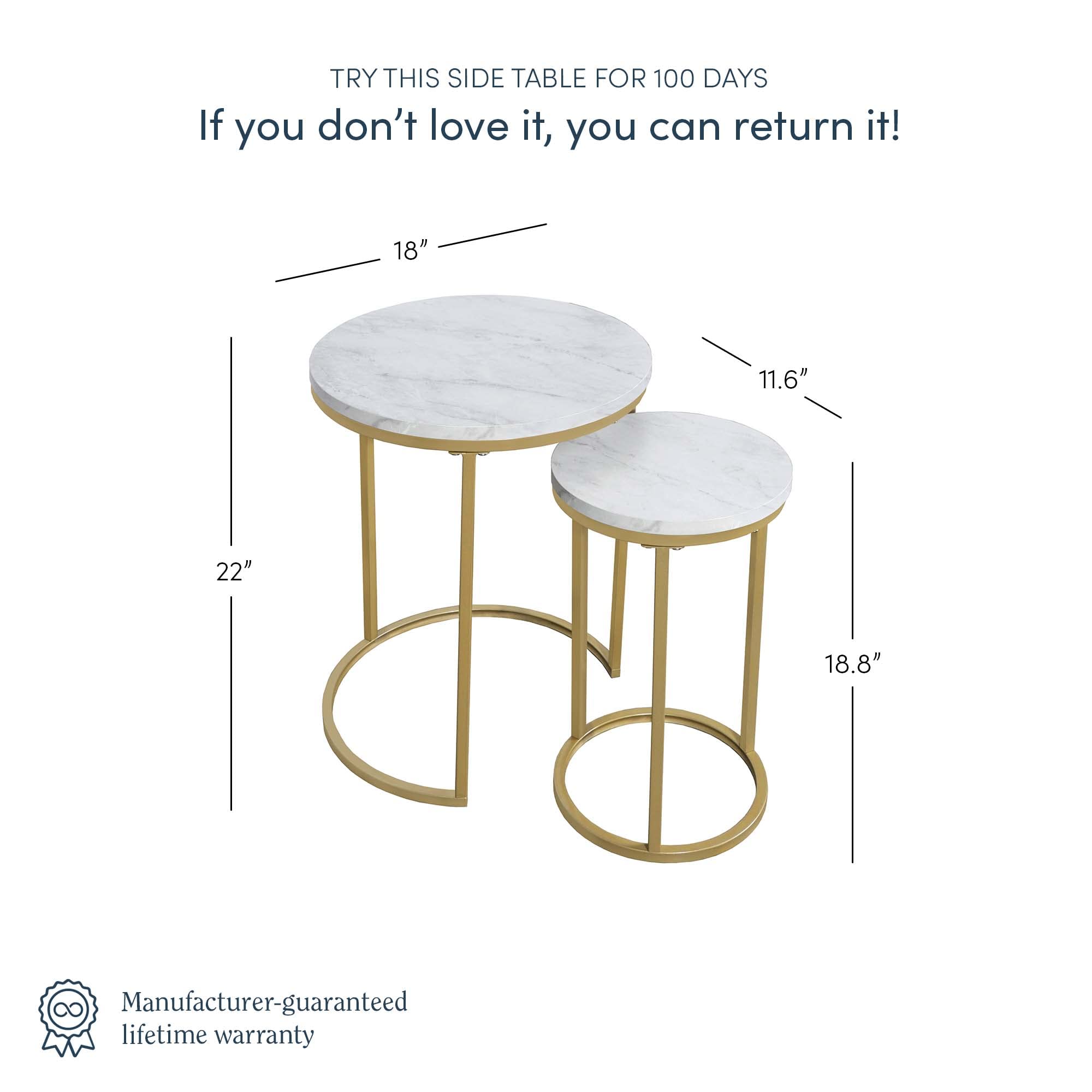 Nathan James Lula Nesting Round Side Set of 2, Accent End Table for Living Room with Wood or Marble Finish Tabletop and Metal Base, White/Gold