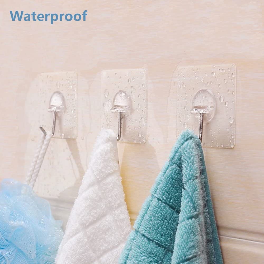 Wall Hooks 13lb(Max) Transparent Reusable Seamless Hooks,Waterproof and Oilproof,Bathroom Kitchen Heavy Duty Self Adhesive Hooks,16 Pack