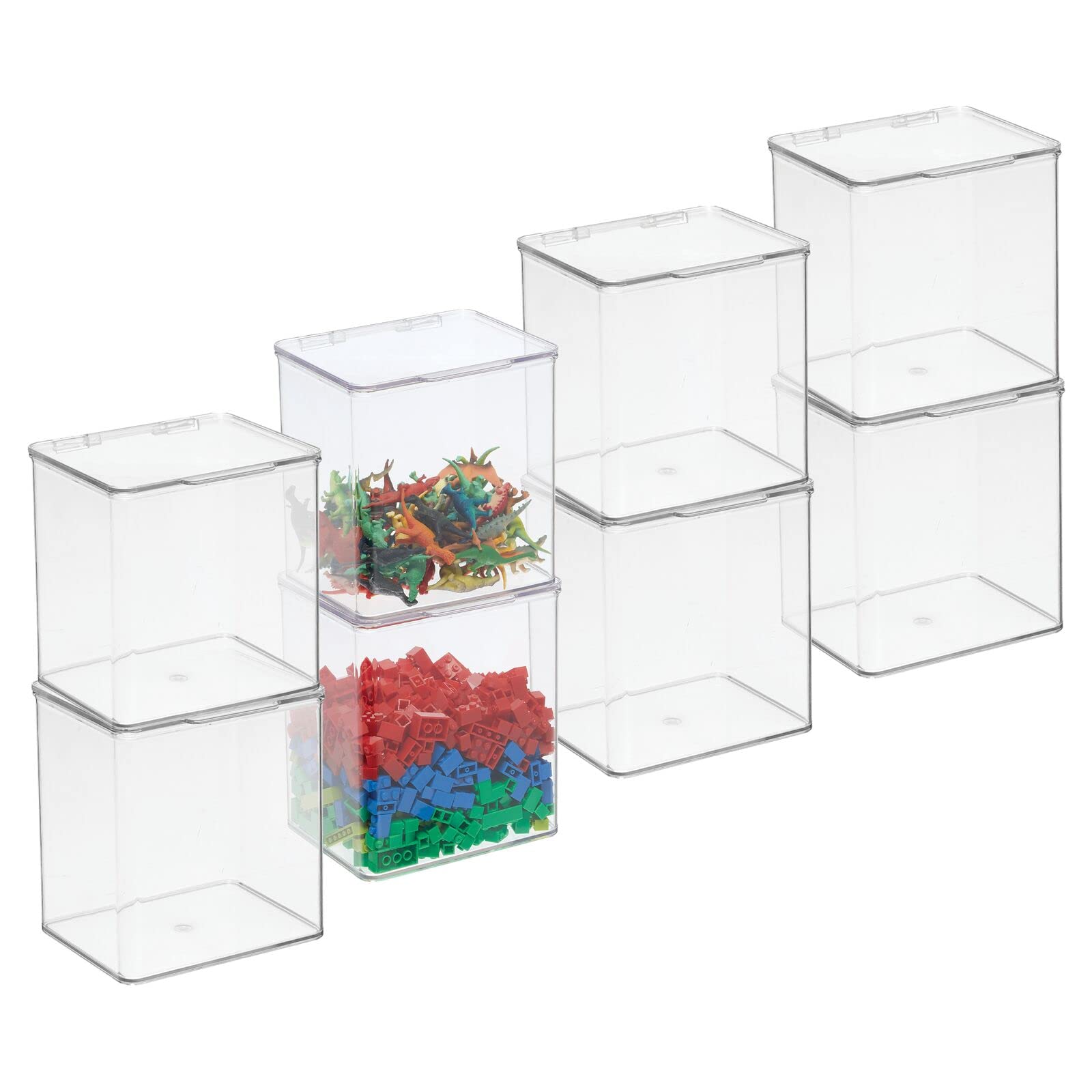 mDesign Plastic Playroom and Gaming Storage Organizer Box Containers with Hinged Lid for Shelves or Cubbies, Holds Small Toys, Building Blocks, Puzzles, Markers, Controllers, or Crayons, 8 Pack, Clear