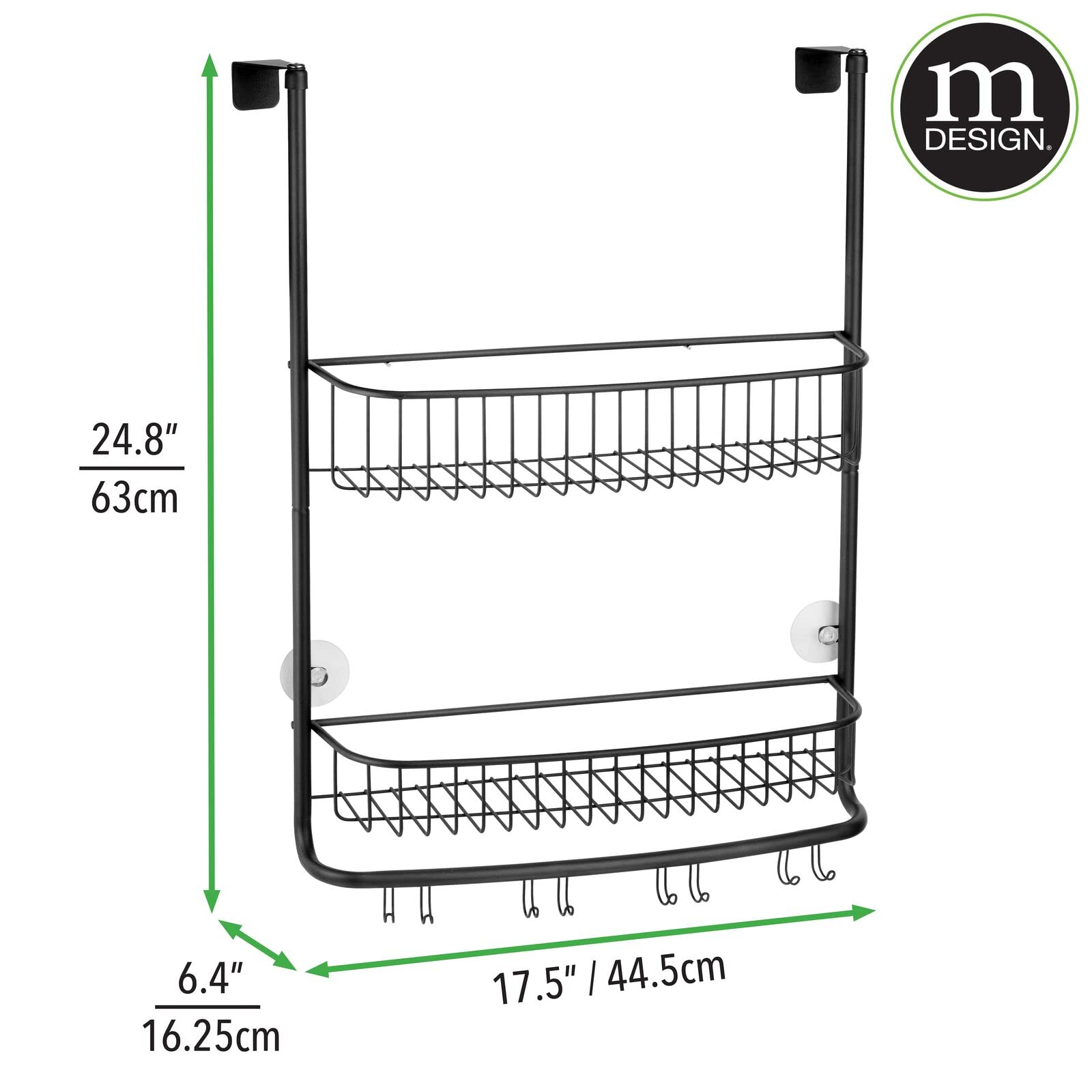 mDesign Extra Wide Stainless Steel Bath/Shower Over Door Caddy, Hanging Storage Organizer 2-Tier Rack with Hook and Basket, Holder for Soap, Shampoo, Loofah, Body Wash, Omni Collection, Black