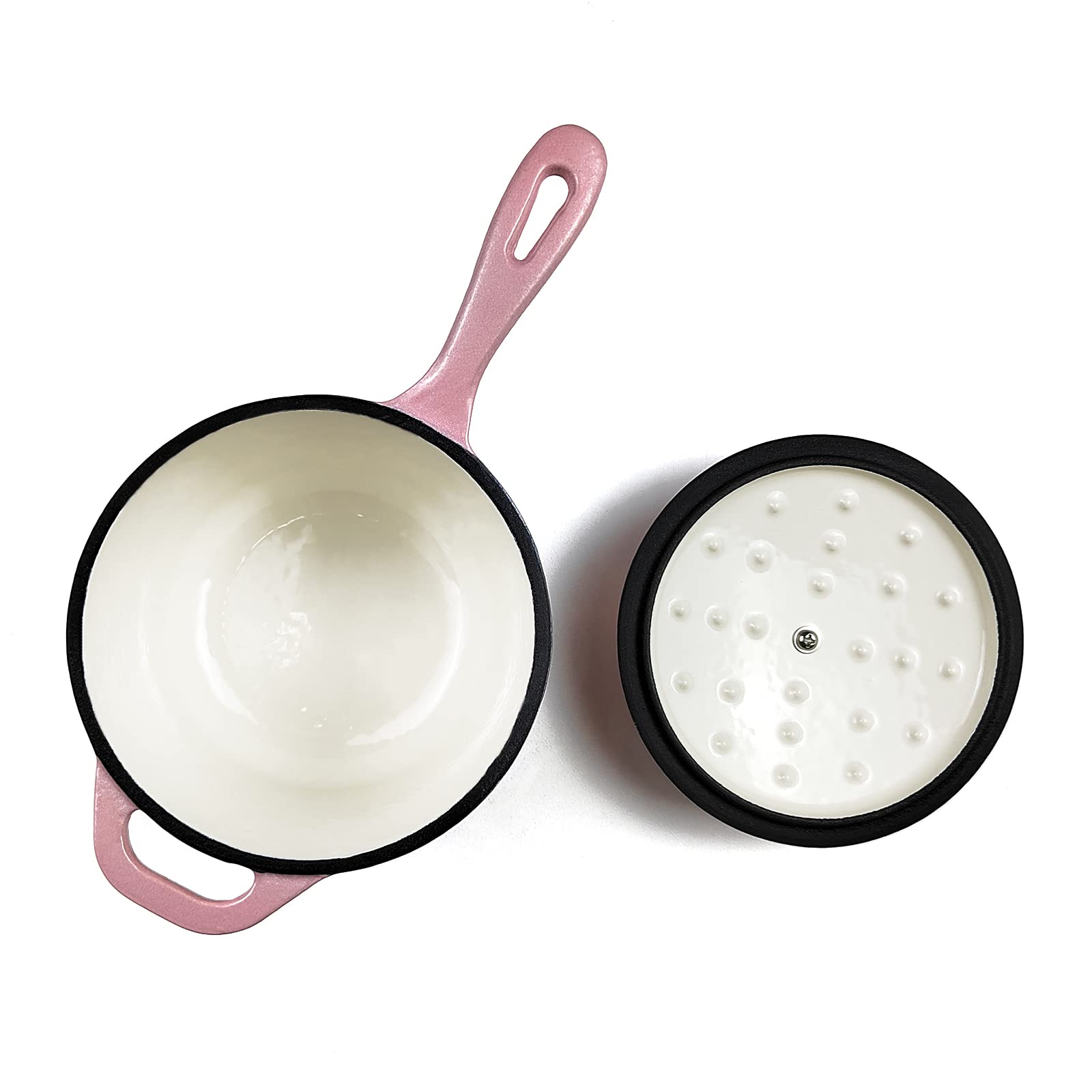 HAWOK Enameled Cast Iron Saucepan, 2QT Saucepan with Lid and Long Handle, Pink