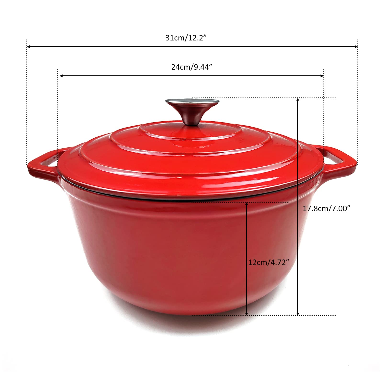 HAWOK Enameled Cast Iron Dutch Oven with Lid, 4 Quart, Deep Round Dutch Oven with Dual Handles, Red