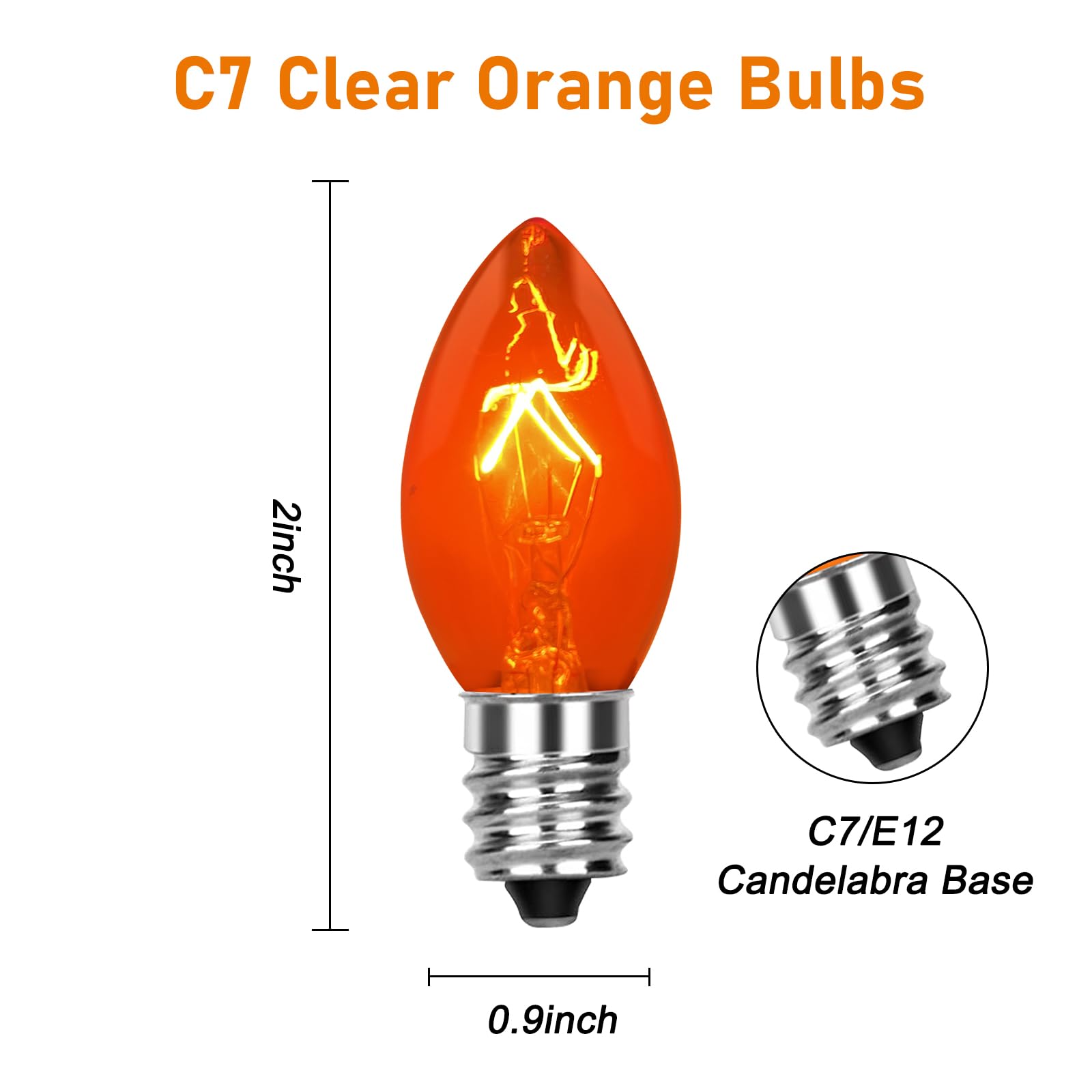 25 Pack C7 Orange Halloween Light Bulbs, C7 Clear Orange Replacement Light Bulbs E12 Candelabra Base Bulbs for Halloween Christmas Outdoor String Lights Candles, Night Lights Bulbs 5W 120V- Orange