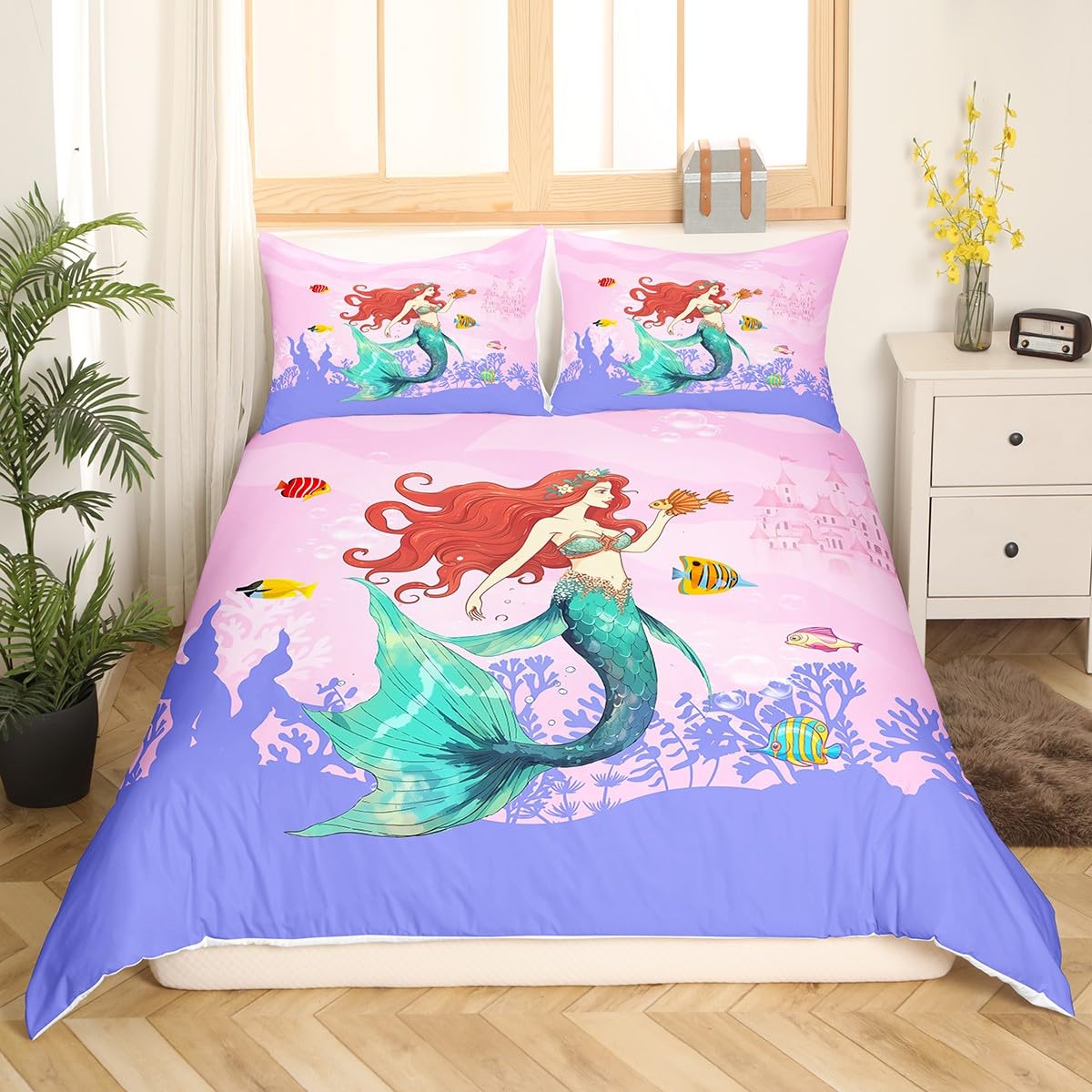 Mermaid Duvet Cover Set Twin Size,Goldfish Seaweed Cartoon Bedding Set 2pcs for Kids Teens Boys Girls Room Decor, Marine Life Comforter Cover Pink Castle Romantic Quilt Cover with 1 Pillowcase