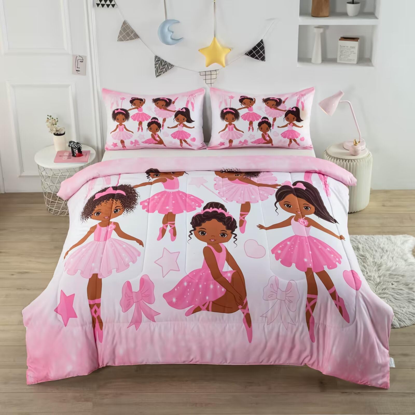 CKOU CCOO Girls Pink Ballerina Comforter Set Twin,African American Black Girl Bedding Set,Cute Little Ballet Princess Comforter Set Bedspread for Kids Toddler Girls BeBedroom Set Room Decor