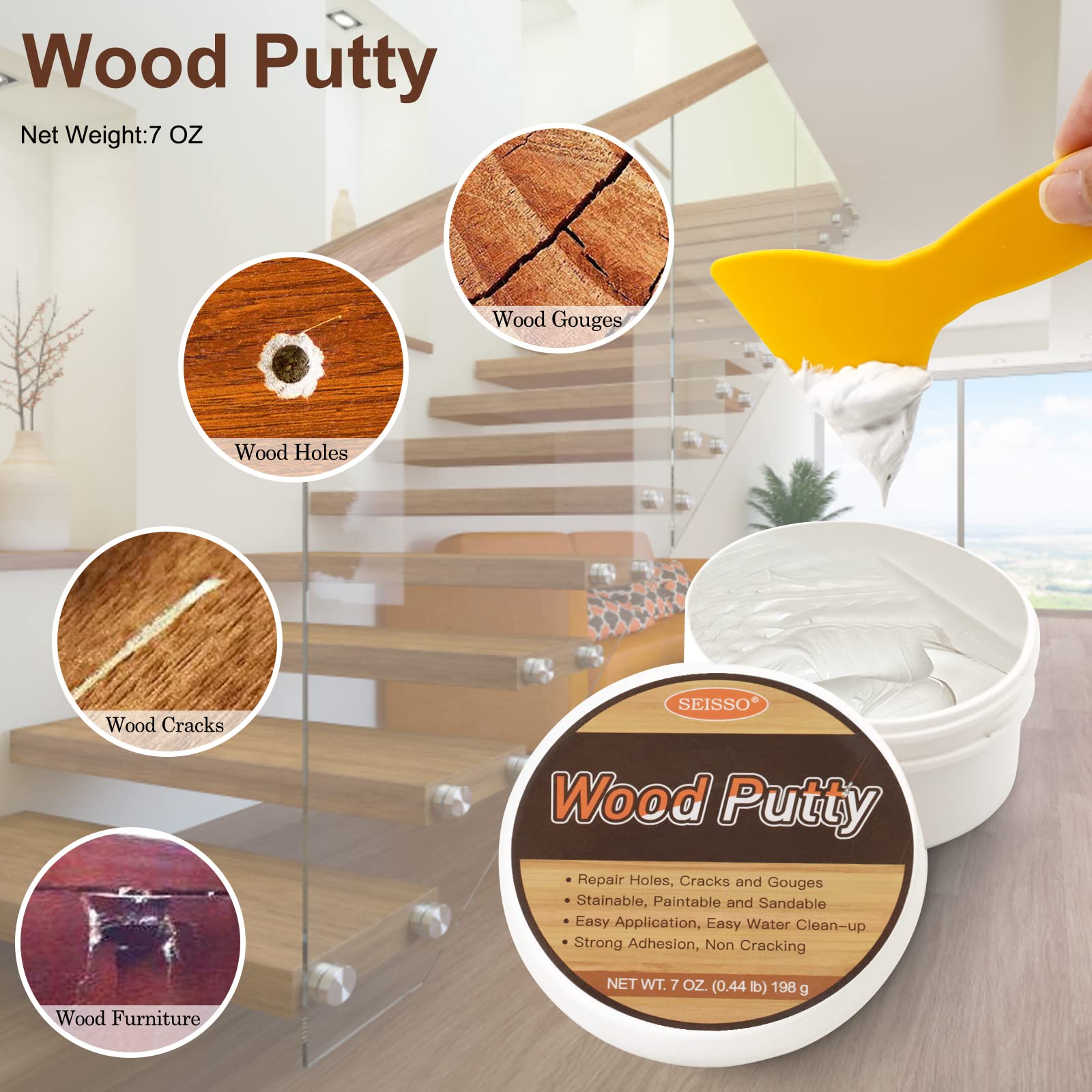 SEISSO Wood Putty, Water-Based Wood Filler, White Wood Putty for Trim, Wood Filler Paintable, Stainable, Wood Furniture Repair kit - Restore Wooden Table, Cabinet, Floors, Door