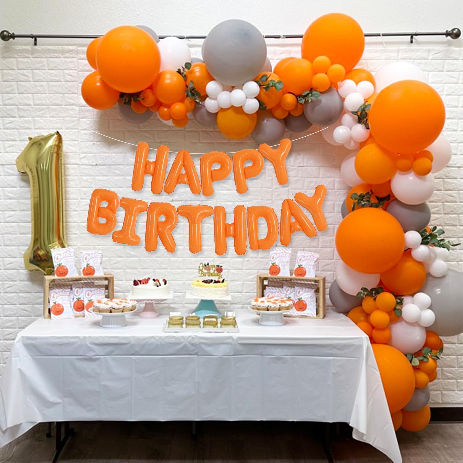 TONIFUL Orange Happy Birthday Balloons Banner 16 Inch Mylar Foil Letters Birthday Sign Banner Bunting Reusable for Girls Boys Kids & Adults Birthday Decorations and Halloween Party Supplies