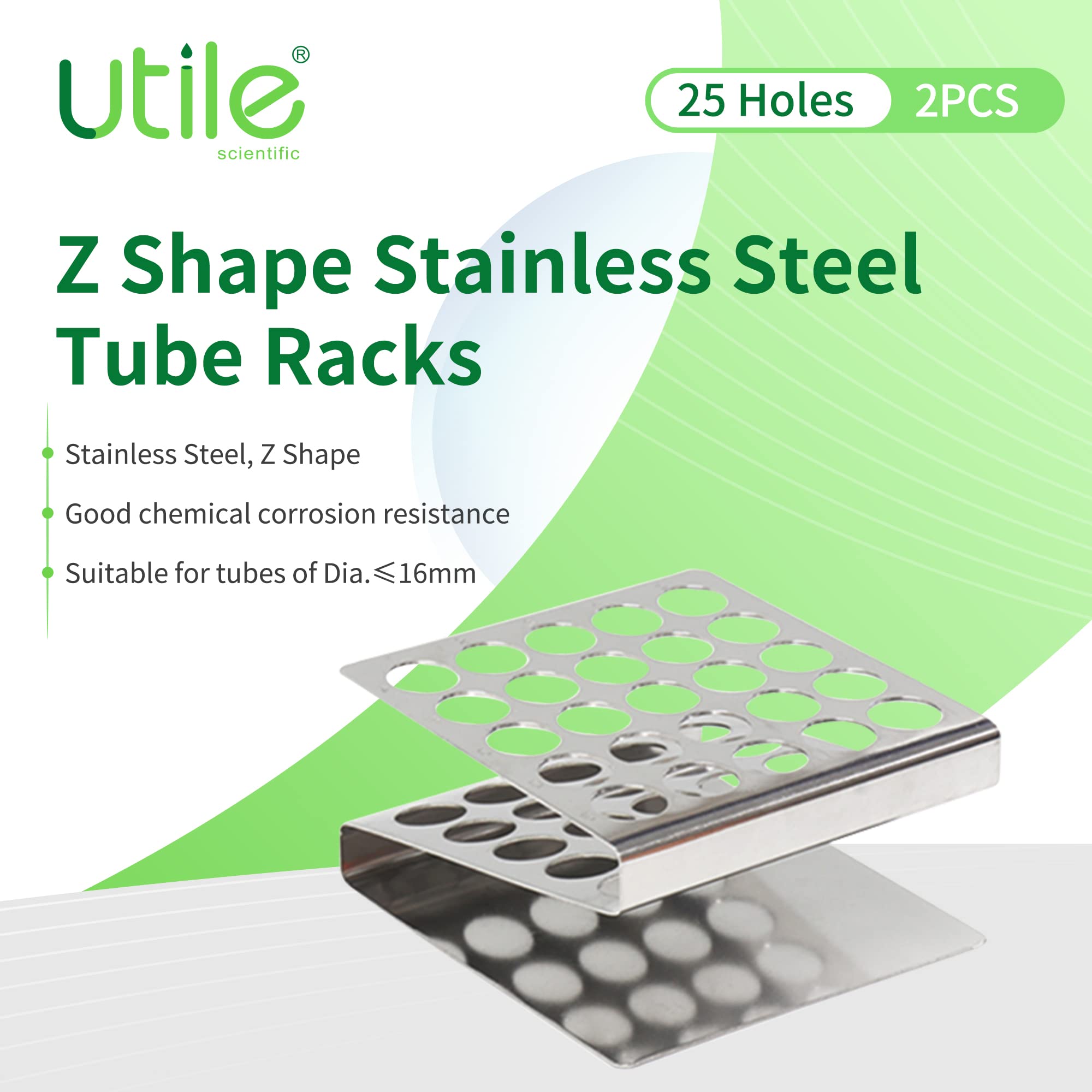 Utile 2pcs of 25 Holes Stainless Steel Test Tube Rack, Z Shape, Suitable for Tubes of Dia.≤16mm, 4050.4605.2.