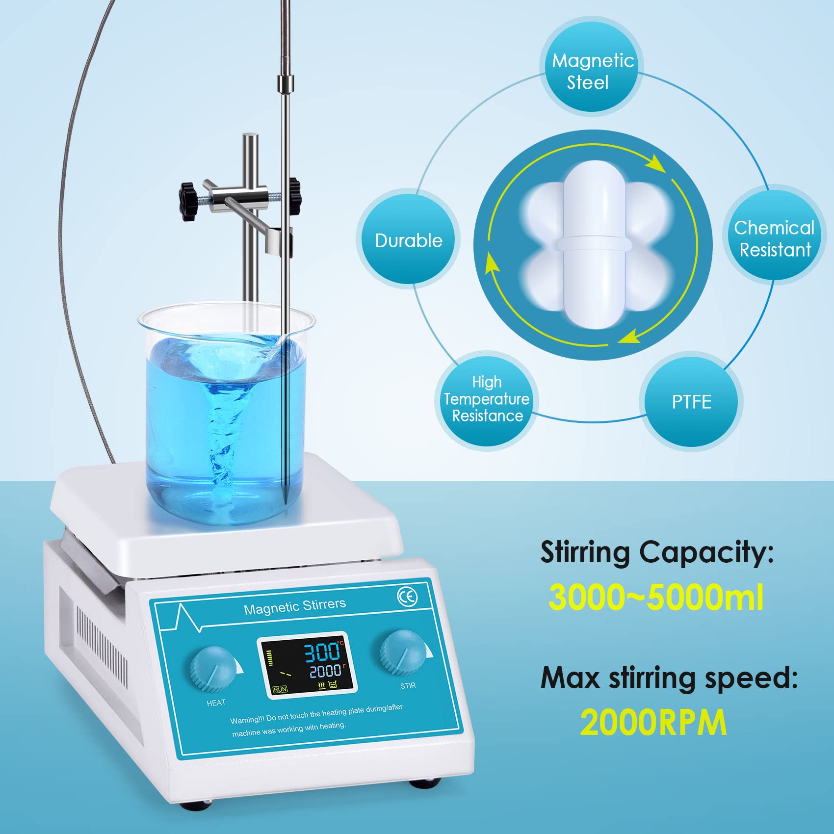 Slendor Magnetic Stirrer 5000ml Hotplate Mixer 2000 RPM Hot Plate Max 300℃/572℉ Lab Heating Plate Stirrers with LED Digital Display, Stir Bar, Temp Sensor and Support Stand