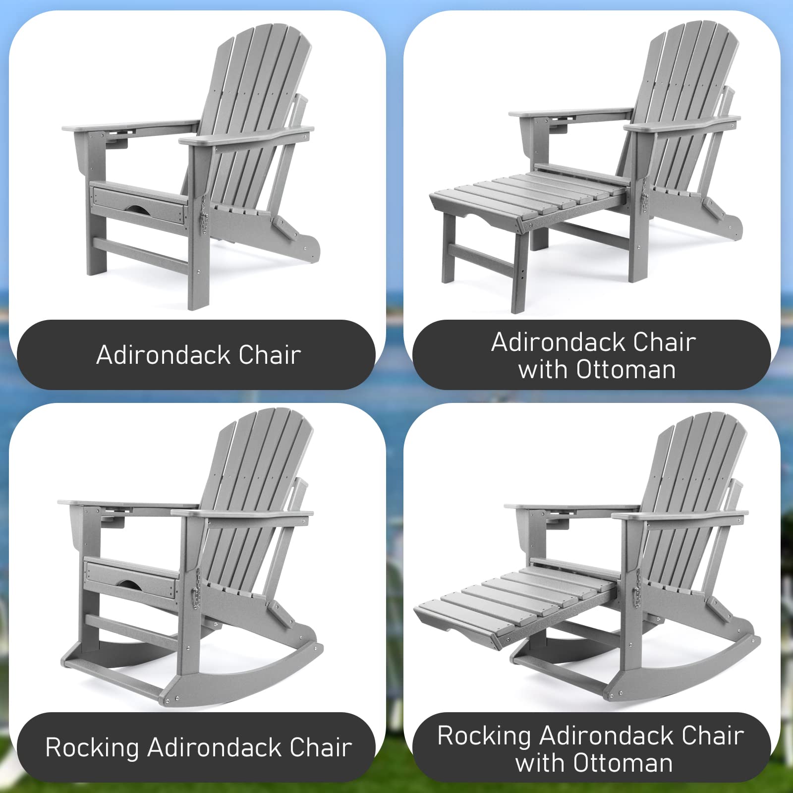 4-in-1 Adirondack Chair with Ottoman,350 LBS Folding Adirondack Chairs,Rocking Adirondack Chair with Cup Holder,Adirondack Chairs Weather Resistant,Plastic Adirondack Chairs for Adults,Fire Pit Chairs