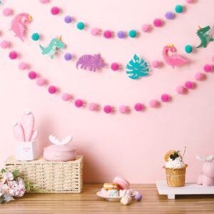 Kingdder 3 Pcs Pink Dinosaur Banner Party Decoration for Girls Pink Pom Pom Birthday Garland Felt Ball Banner Dinosaur Theme Holiday Hanging Garlands for Baby Shower Nursery Photo Prop Party Supplies