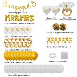 Gold Engagement Party Decorations, Gold Engaged Banner, MR and MRS Balloons, Giant Ring, Heart Balloons, Gold Latex Confetti Balloons for Engagement Bachelorette and Bridal Shower Decorations