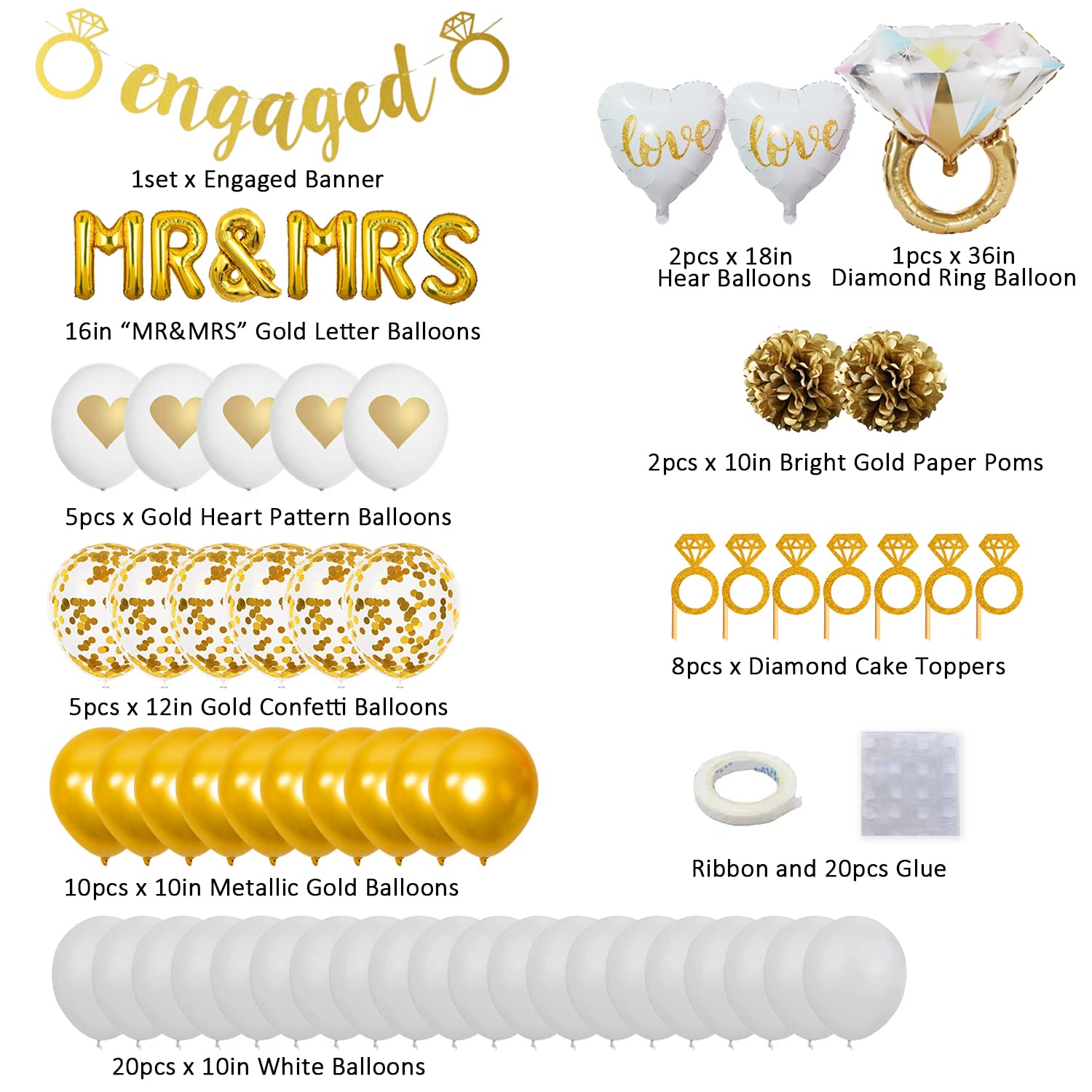 Gold Engagement Party Decorations, Gold Engaged Banner, MR and MRS Balloons, Giant Ring, Heart Balloons, Gold Latex Confetti Balloons for Engagement Bachelorette and Bridal Shower Decorations