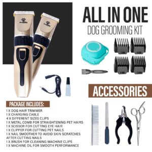 BougiePaw Dog Grooming Kit – Low Noise Cat & Dog Hair Trimmer with Pet Nail Cutter | Cordless Dog Clippers for Grooming Thick Coats with Bath Brush, & Shaver with Scissors for Dogs Cat Animal