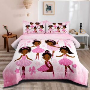 ckou ccoo girls pink ballerina comforter set twin,african american black girl bedding set,cute little ballet princess comforter set bedspread for kids toddler girls bebedroom set room decor