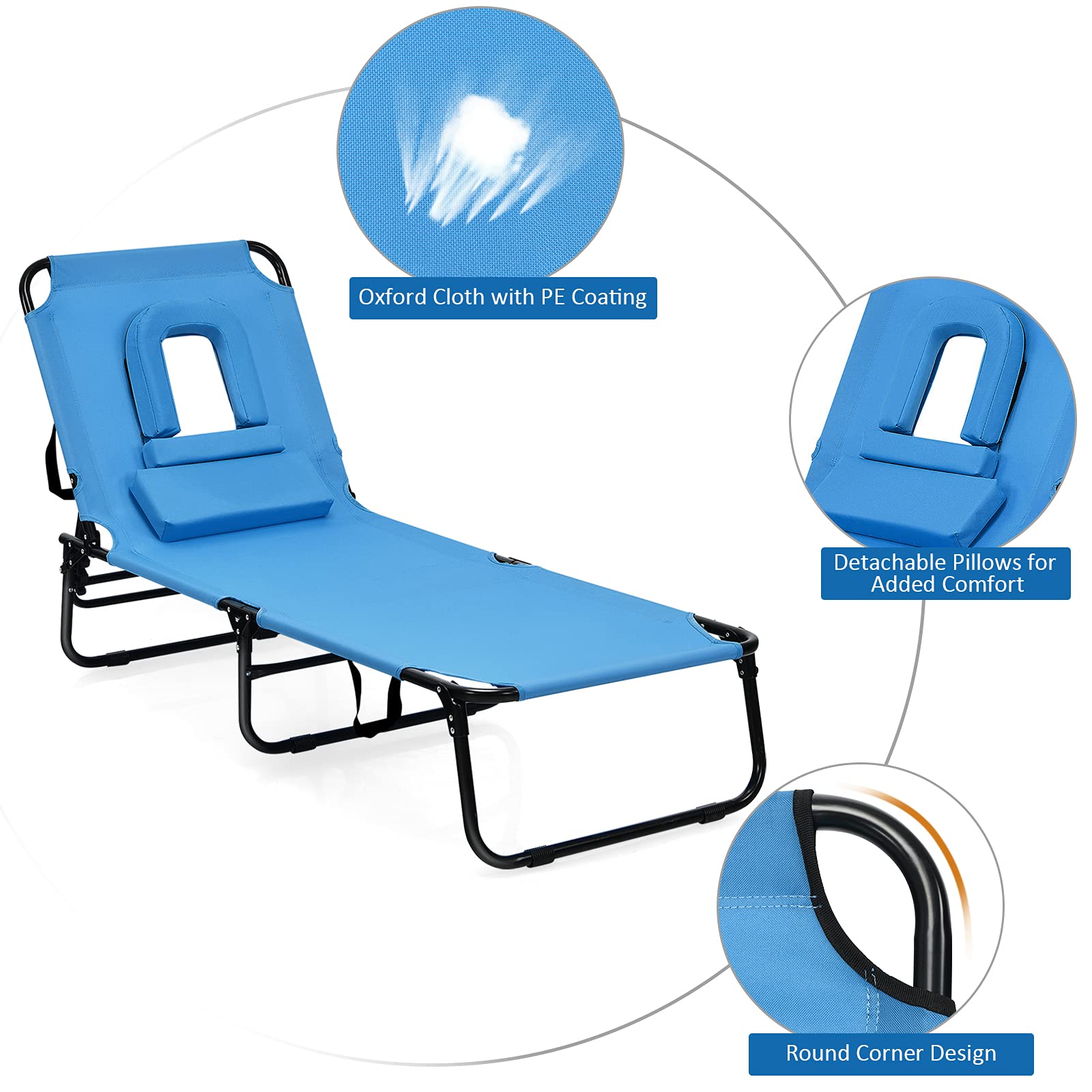 gotoplay Folding Beach Lounge Chair w/ 5 Adjutable Backrest & Padded Pillow, Sunbathing Lounger Chair, Sun Tanning Lay Flat Chair for Seaside Pool Deck, Max Load 330 LBS, No Assembly Required (Blue)