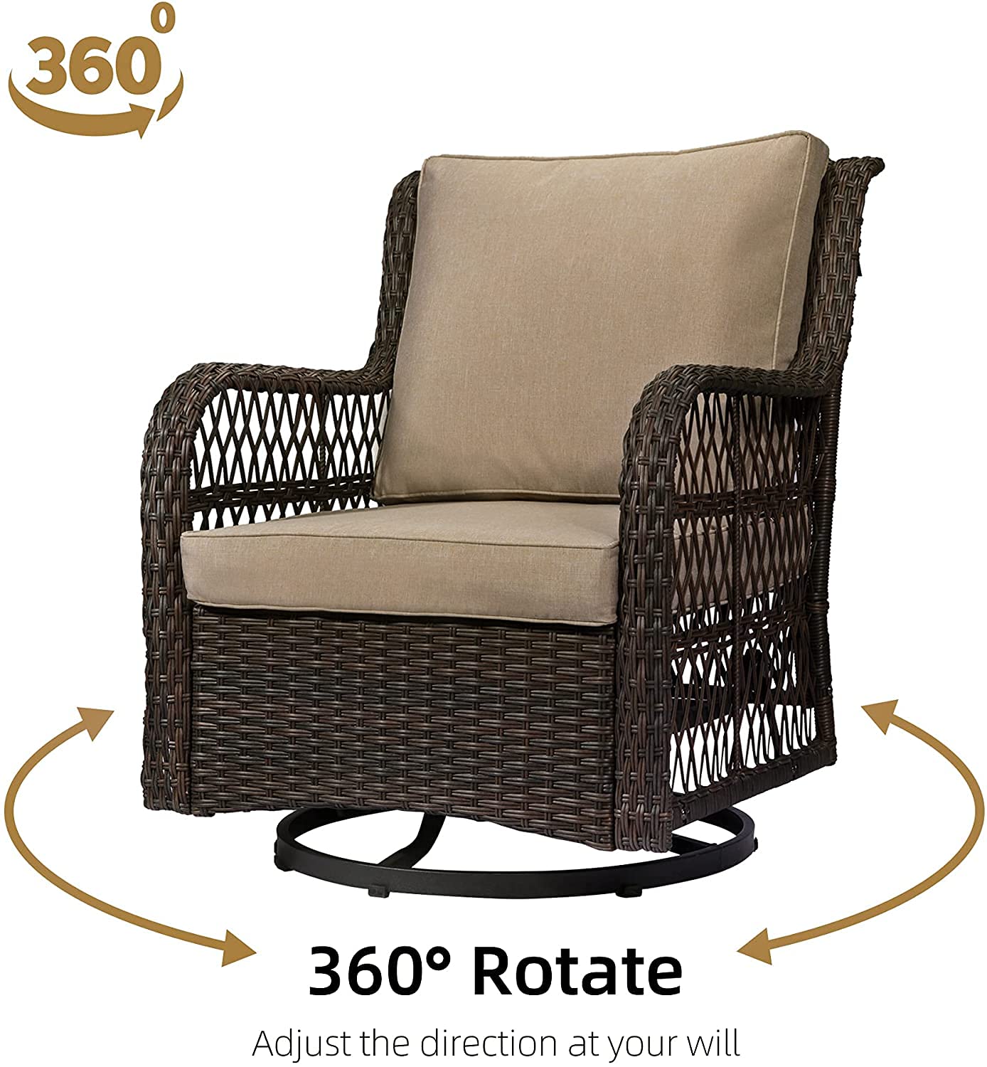 Amyove 3 Pieces Outdoor Wicker Swivel Patio Set, 360° Swivel Rocking Patio Chairs of 2 with Side Table and Fabric Cushions for Outside, Yard, Garden, Balcony (Rust)