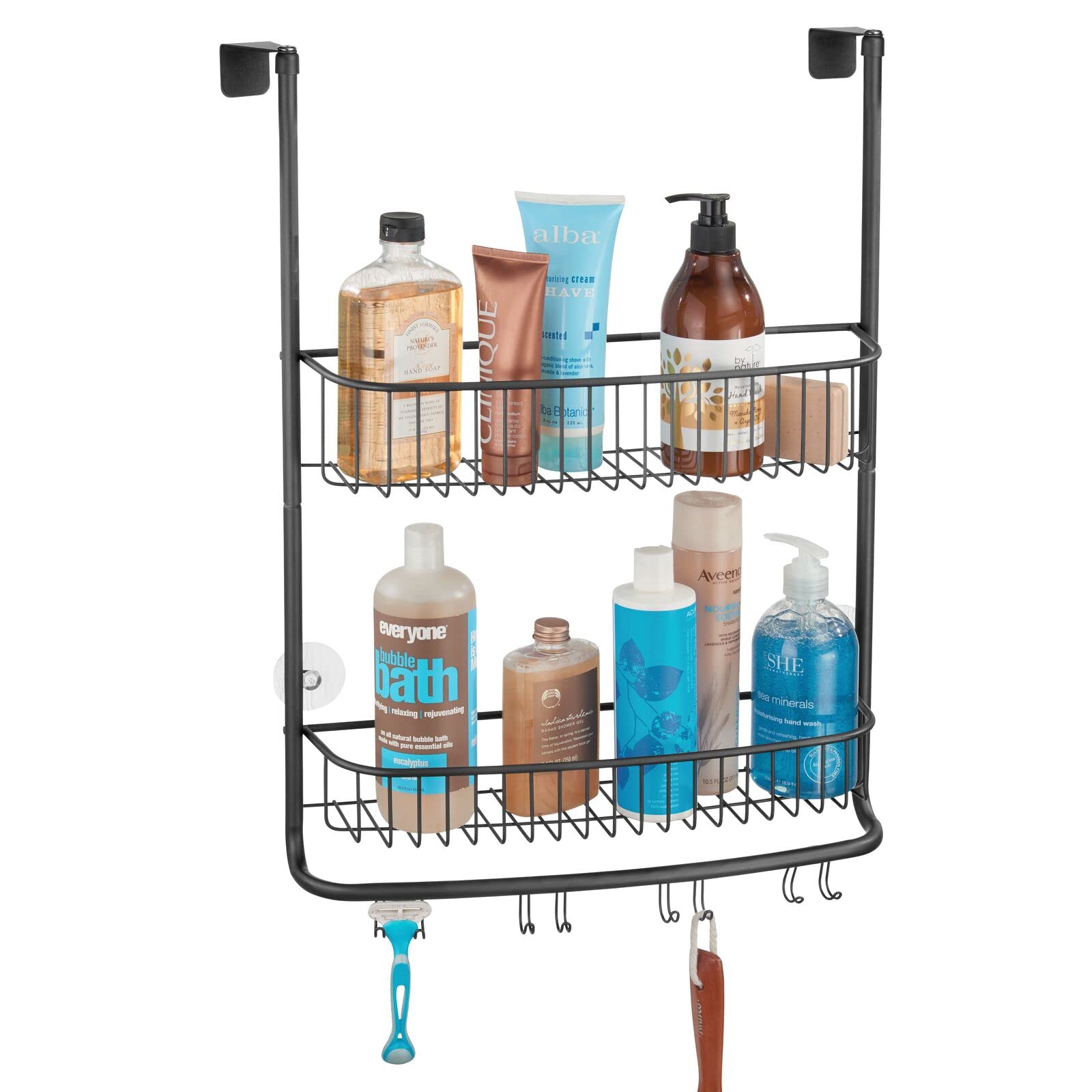 mDesign Extra Wide Stainless Steel Bath/Shower Over Door Caddy, Hanging Storage Organizer 2-Tier Rack with Hook and Basket, Holder for Soap, Shampoo, Loofah, Body Wash, Omni Collection, Black