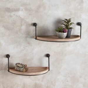 47th & Main Semicircle Metal and Wood Wall Shelves, Set of 2, Black/Natural