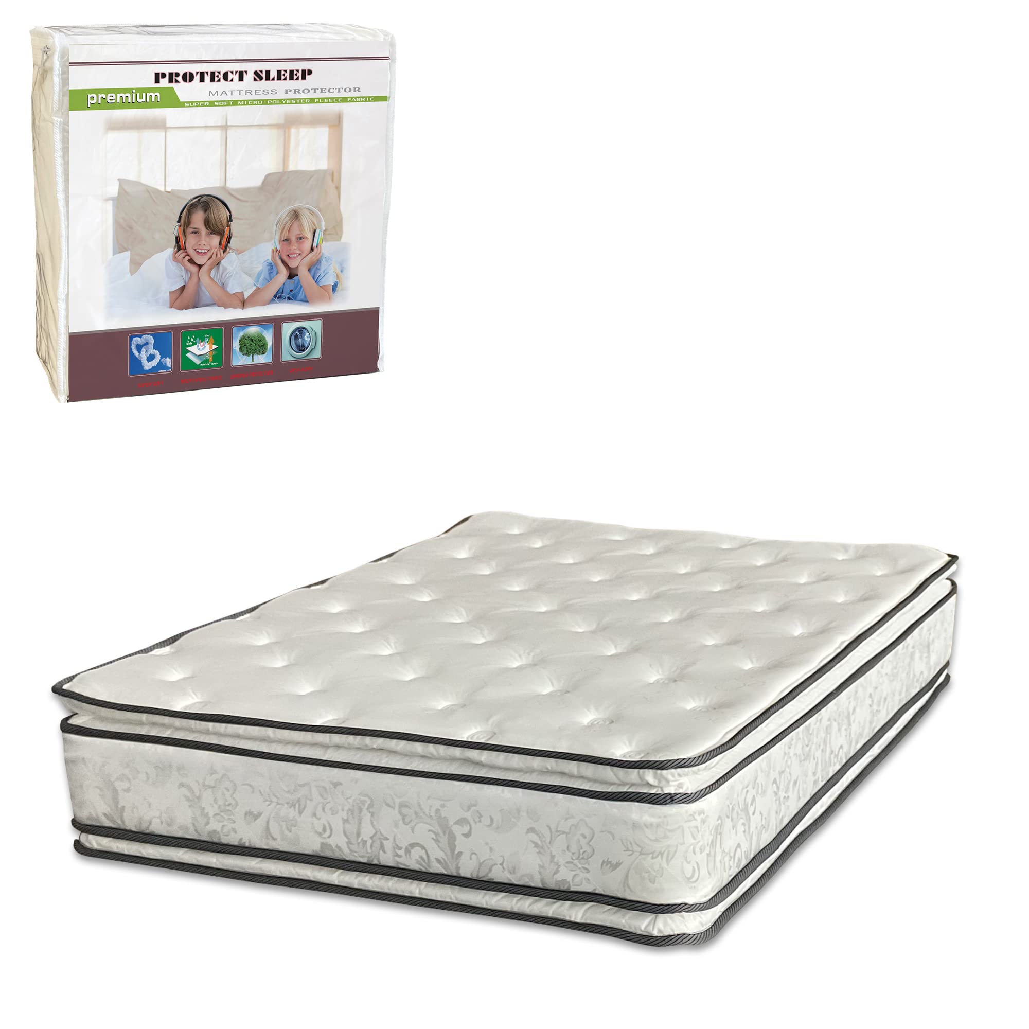 Mattress Solution, 12" Medium Plush Double Sided Pillowtop Innerspring Mattress, with Mattress Protector, Queen