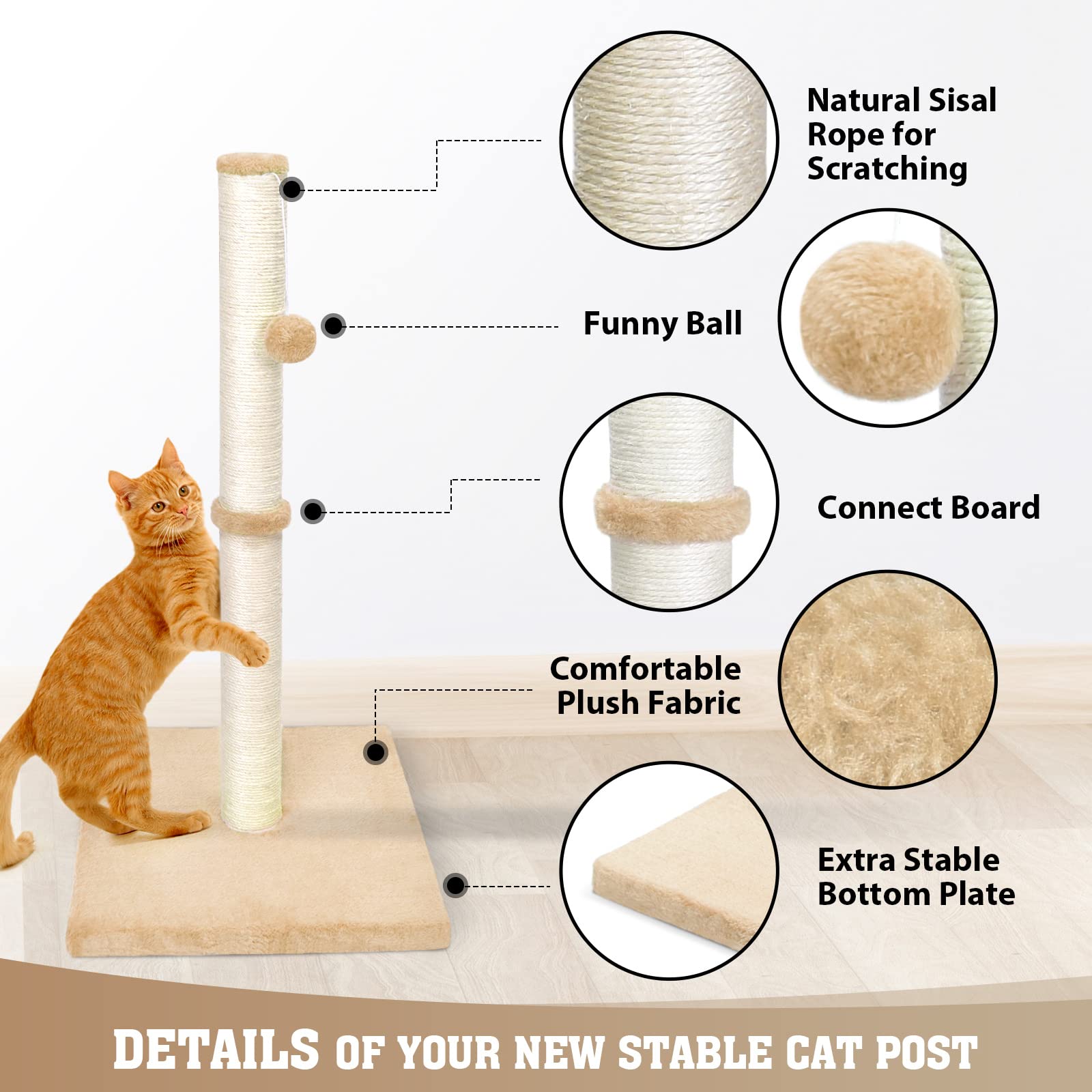 petellow 31'' Tall Cat Scratching Post - Cat Claw Scratcher with Hanging Ball - Scratching Posts for Indoor Large Cats - Durable Stable Cat Furniture with Sisal Rope - Cat Scratch Post - Beige