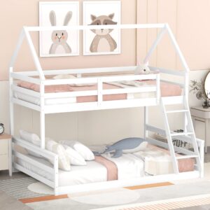 harper & bright designs low twin over full house bunk beds, wood bunk beds with roof and guard rail, house bed built-in ladder for kids, teens, boys, girls (white)