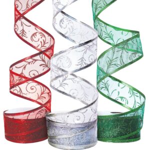 christmas ribbon for gift wrapping ribbons wired 1.5 inch set of ribbon wire red green silver/white sheer organza glitter gift wrap xmas tree decoration holiday craft gifts 30 yards / 10 yard ea. roll