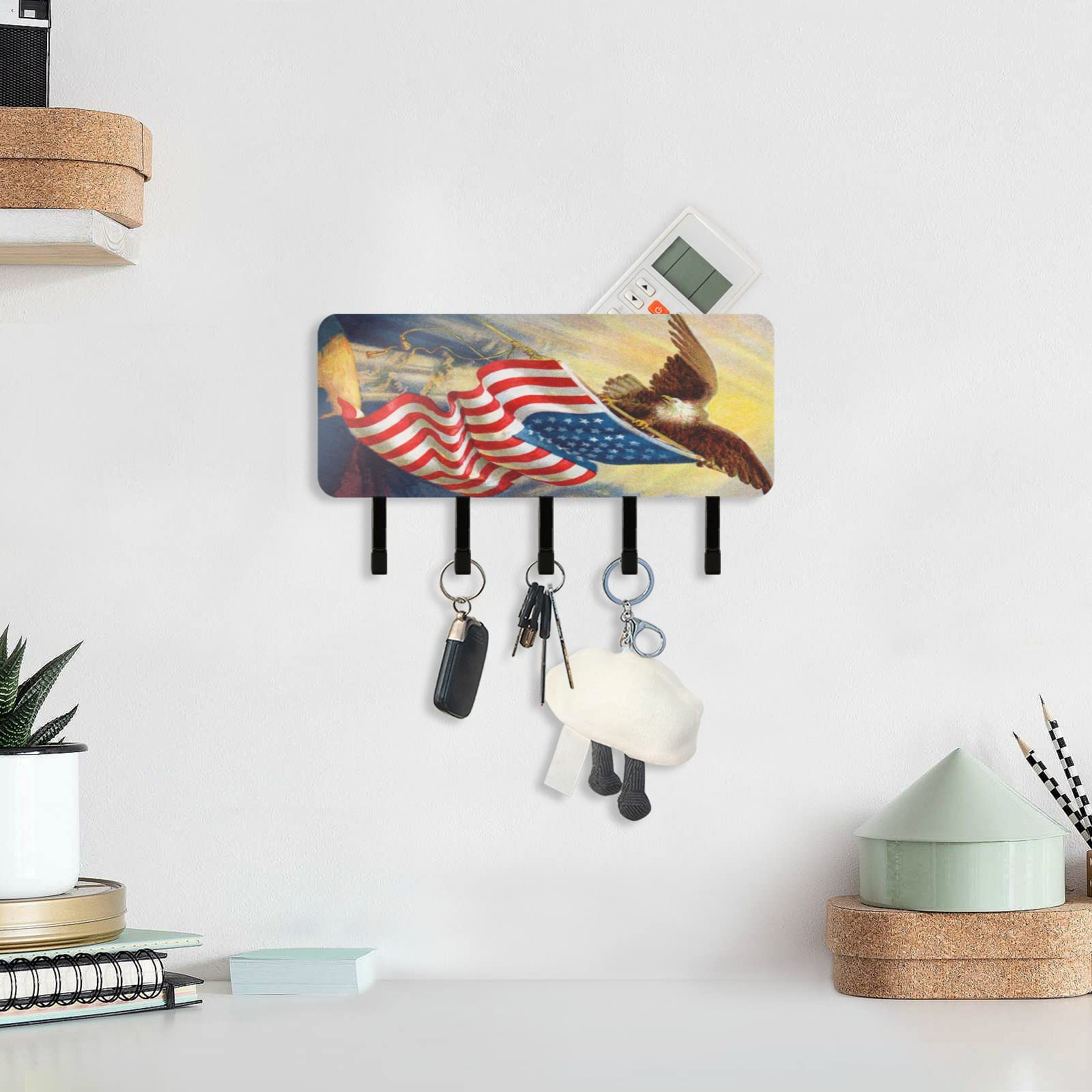 OURVII Key Holder for Wall American Flag Bald Eagle Wall Mounted Key Hook, Mail Holder Wall Mounted, Entryway Mudroom Hallway Home Decorative Key Organizer Rack with 5 Hooks