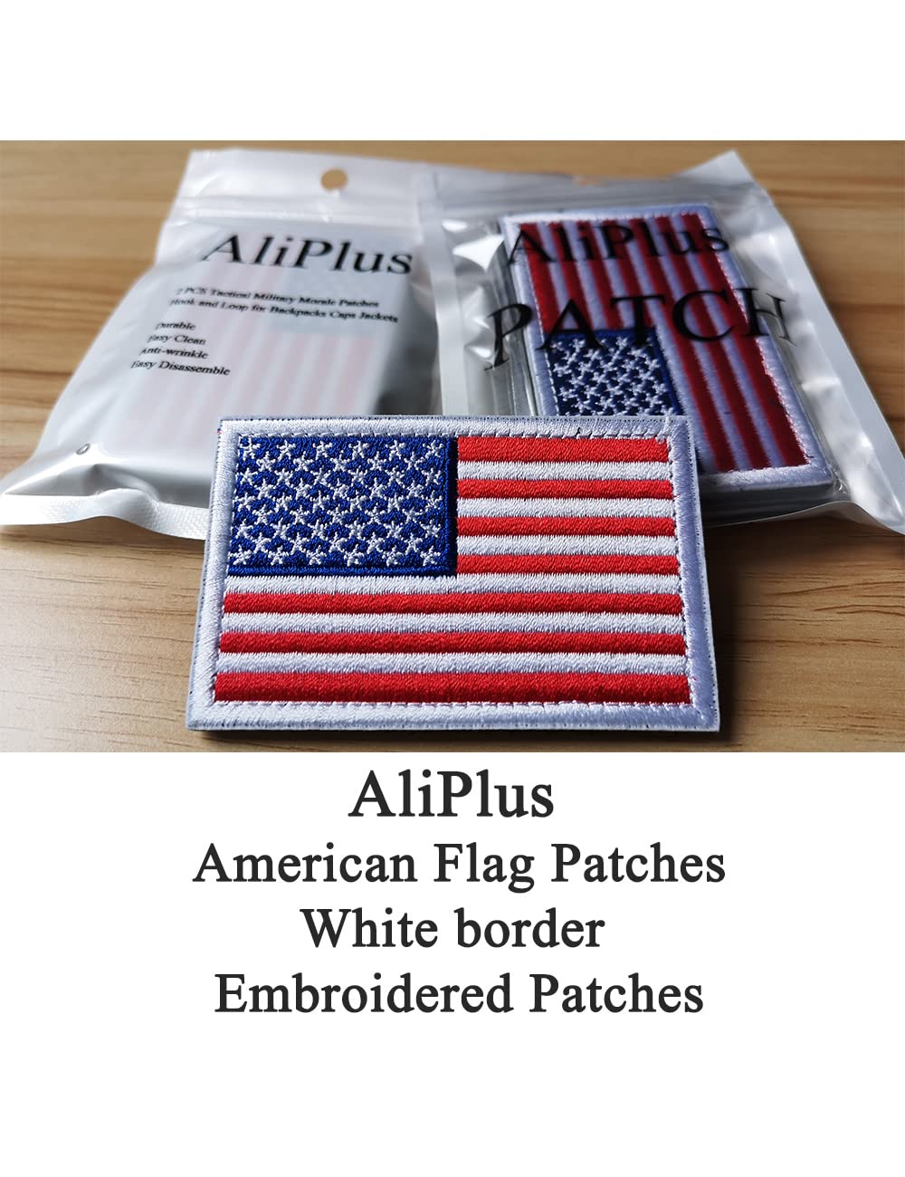 2 PCS AliPlus American Flag Patches Embroidered Tactical Military Morale Patch Applique Fastener Hook and Loop(White Border)