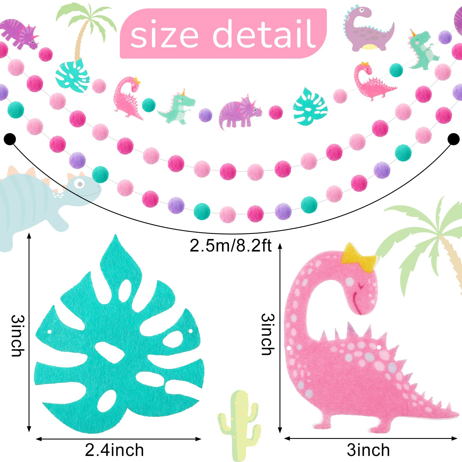 Kingdder 3 Pcs Pink Dinosaur Banner Party Decoration for Girls Pink Pom Pom Birthday Garland Felt Ball Banner Dinosaur Theme Holiday Hanging Garlands for Baby Shower Nursery Photo Prop Party Supplies