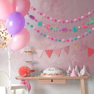 Kingdder 3 Pcs Pink Dinosaur Banner Party Decoration for Girls Pink Pom Pom Birthday Garland Felt Ball Banner Dinosaur Theme Holiday Hanging Garlands for Baby Shower Nursery Photo Prop Party Supplies