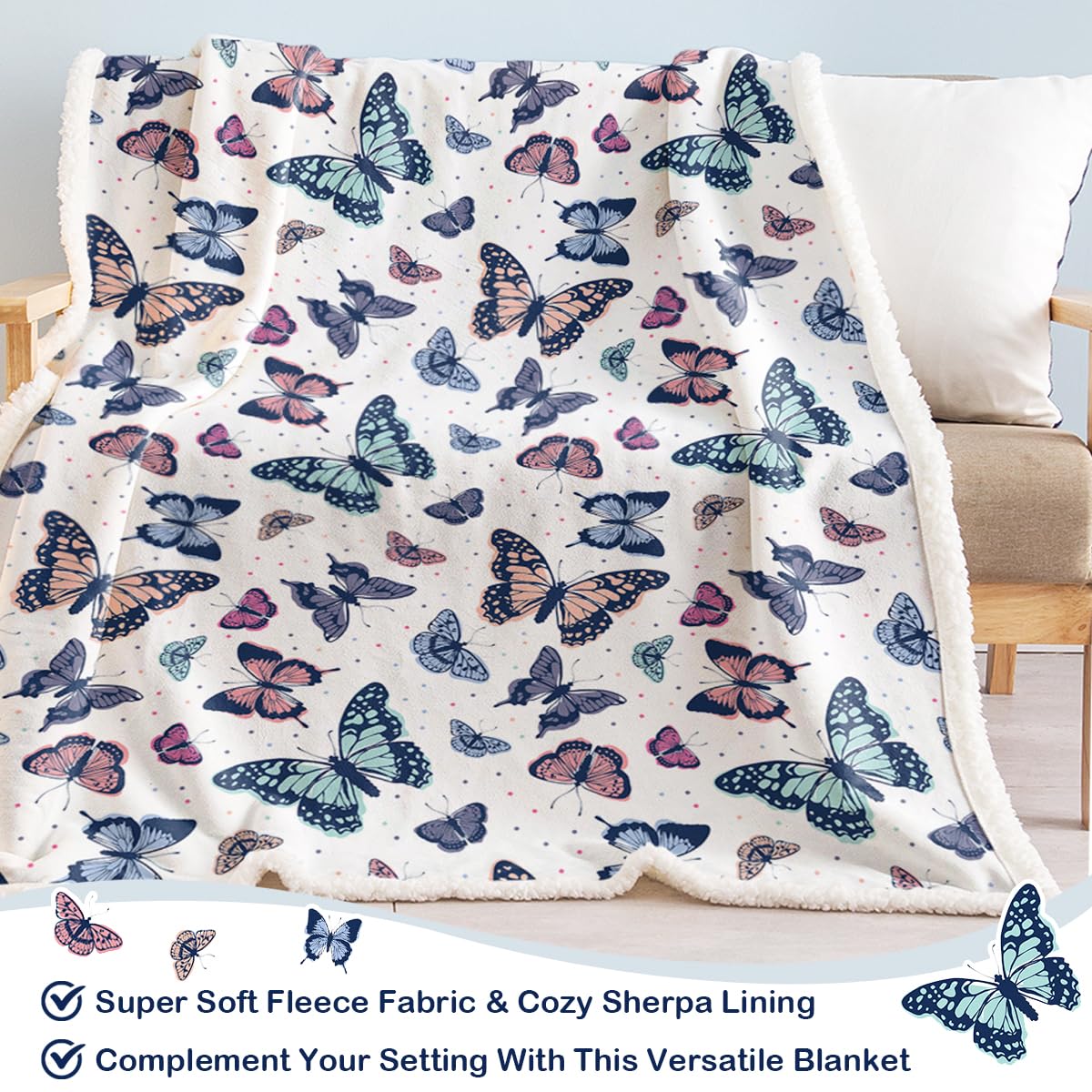 SOULZZZ Garden Purple Butterfly Sherpa Throw Blanket Soft Blankets and Throws Lightweight Plush Butterfly Gifts for Women Kids Girls Butterfly Lovers Gifts (Colorful Butterfly, 50X60 Inches)