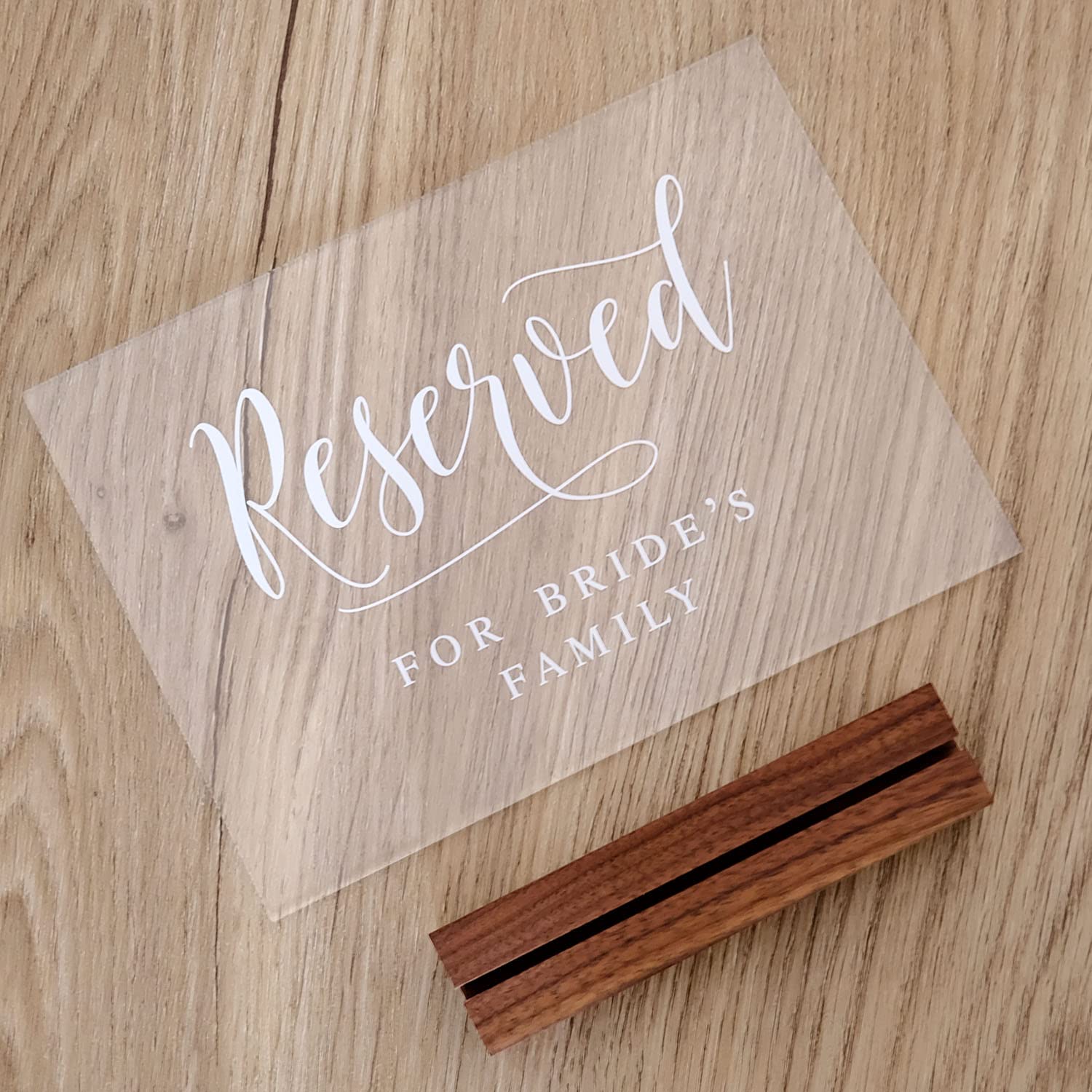 Acrylic Reserved Sign with Wood Stand- 5” x 7" Clear Acrylic Reserved For Brides Family Sign | Table Decoration Signs with Holder for Wedding Reception & Event Party Table Centerpiece Decoration