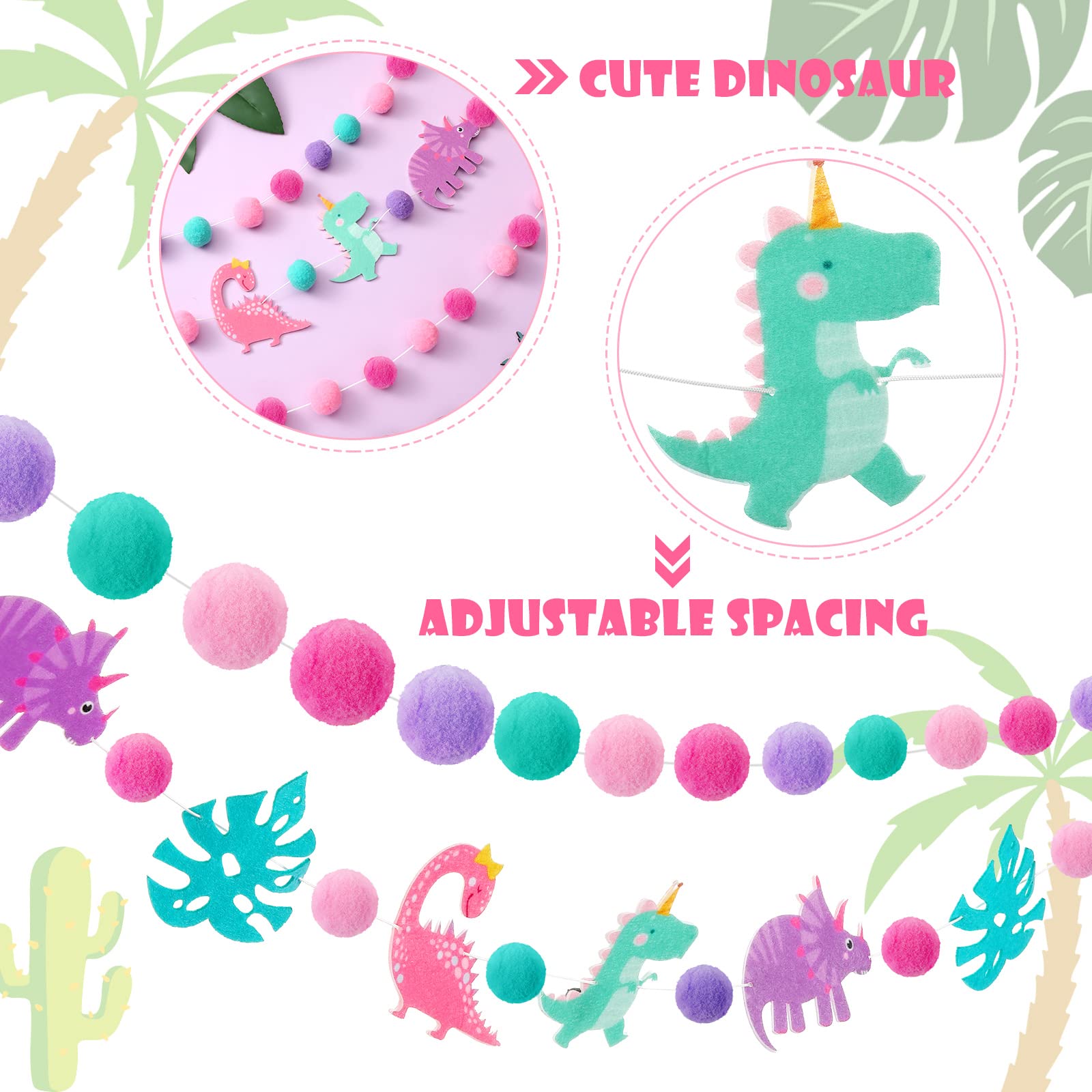 Kingdder 3 Pcs Pink Dinosaur Banner Party Decoration for Girls Pink Pom Pom Birthday Garland Felt Ball Banner Dinosaur Theme Holiday Hanging Garlands for Baby Shower Nursery Photo Prop Party Supplies