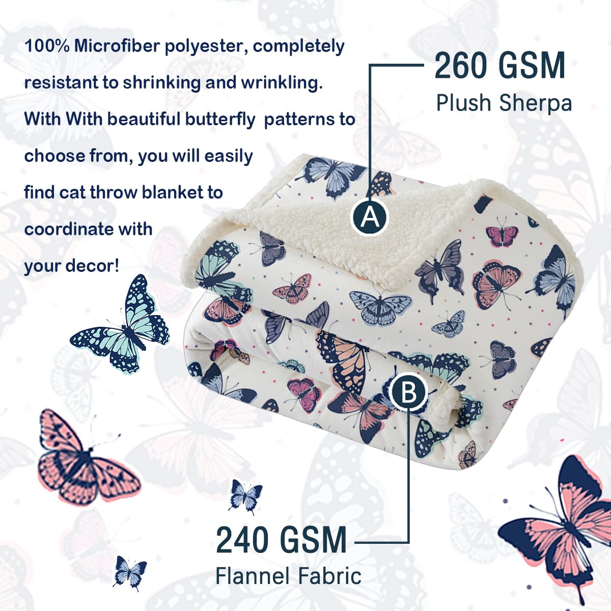 SOULZZZ Garden Purple Butterfly Sherpa Throw Blanket Soft Blankets and Throws Lightweight Plush Butterfly Gifts for Women Kids Girls Butterfly Lovers Gifts (Colorful Butterfly, 50X60 Inches)