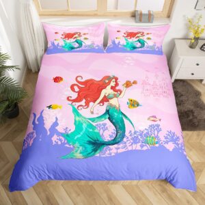 mermaid duvet cover set twin size,goldfish seaweed cartoon bedding set 2pcs for kids teens boys girls room decor, marine life comforter cover pink castle romantic quilt cover with 1 pillowcase