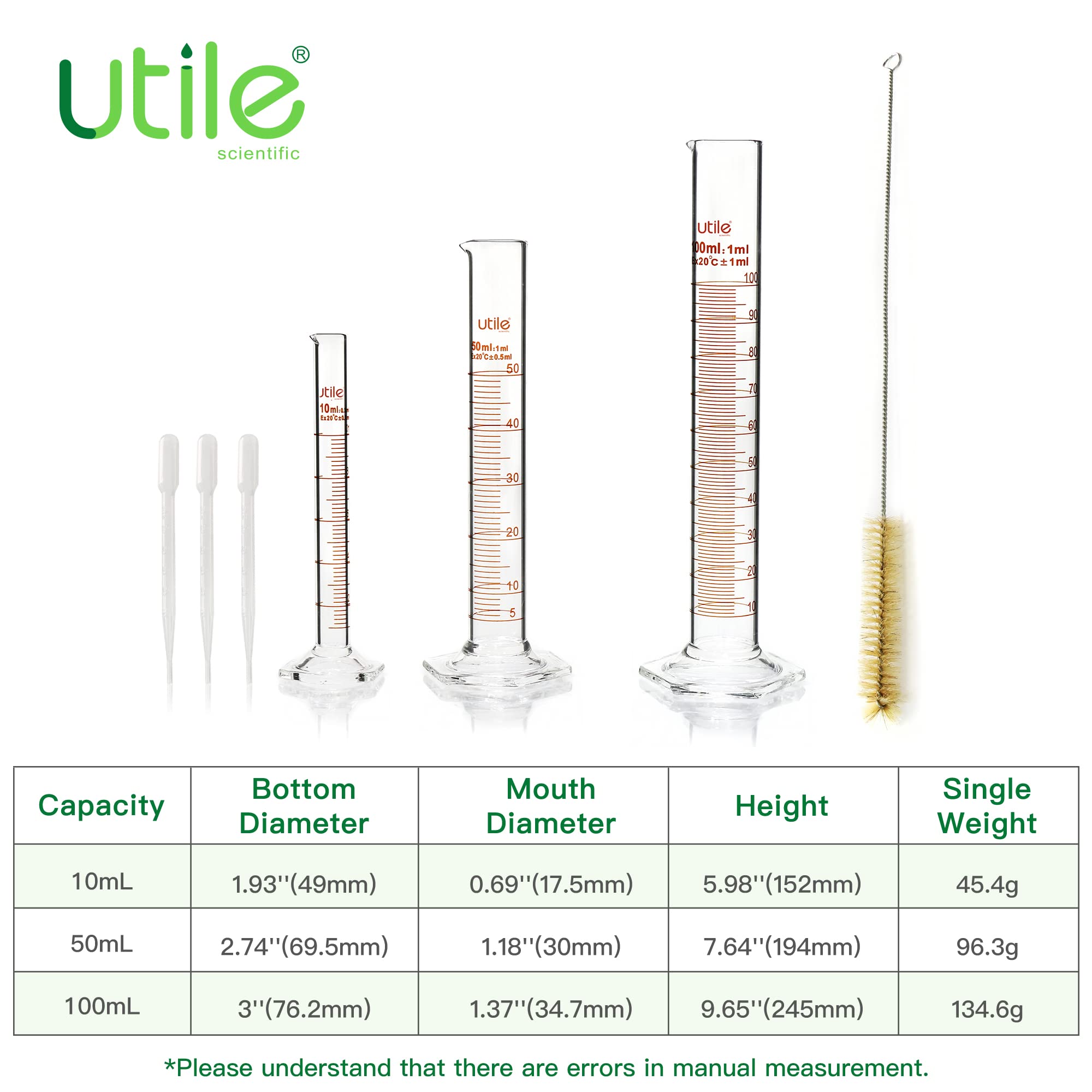 Utile Glass Graduated Cylinder Set, 3 Sizes Measuring Cylinders in 10ml 50ml 100ml, Borosilicate 3.3 Glass with Hexagonal Base, 3ml Transfer Pipettes and 1 Cleaning Brush Offered, 4099.0016.1.