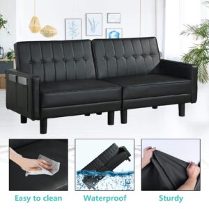 VUYUYU Futon Sofa Couch Bed, Faux Leather Loveseat Couches for Living Room, Mid-Century Modern Tufted Convertible Love Seats Recliner Sleeper Sofa for Small Space with Armrest/Side Pockets