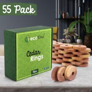 ecoKiwi Cedar Blocks for Clothes Storage - 55 Pack Cedar Rings - 100% Natural Aromatic Cedar for Closets & Drawers - Red Cedarwood Oil Scented Chips with Sandpaper - Cedar Planks Freshener Deodorizer