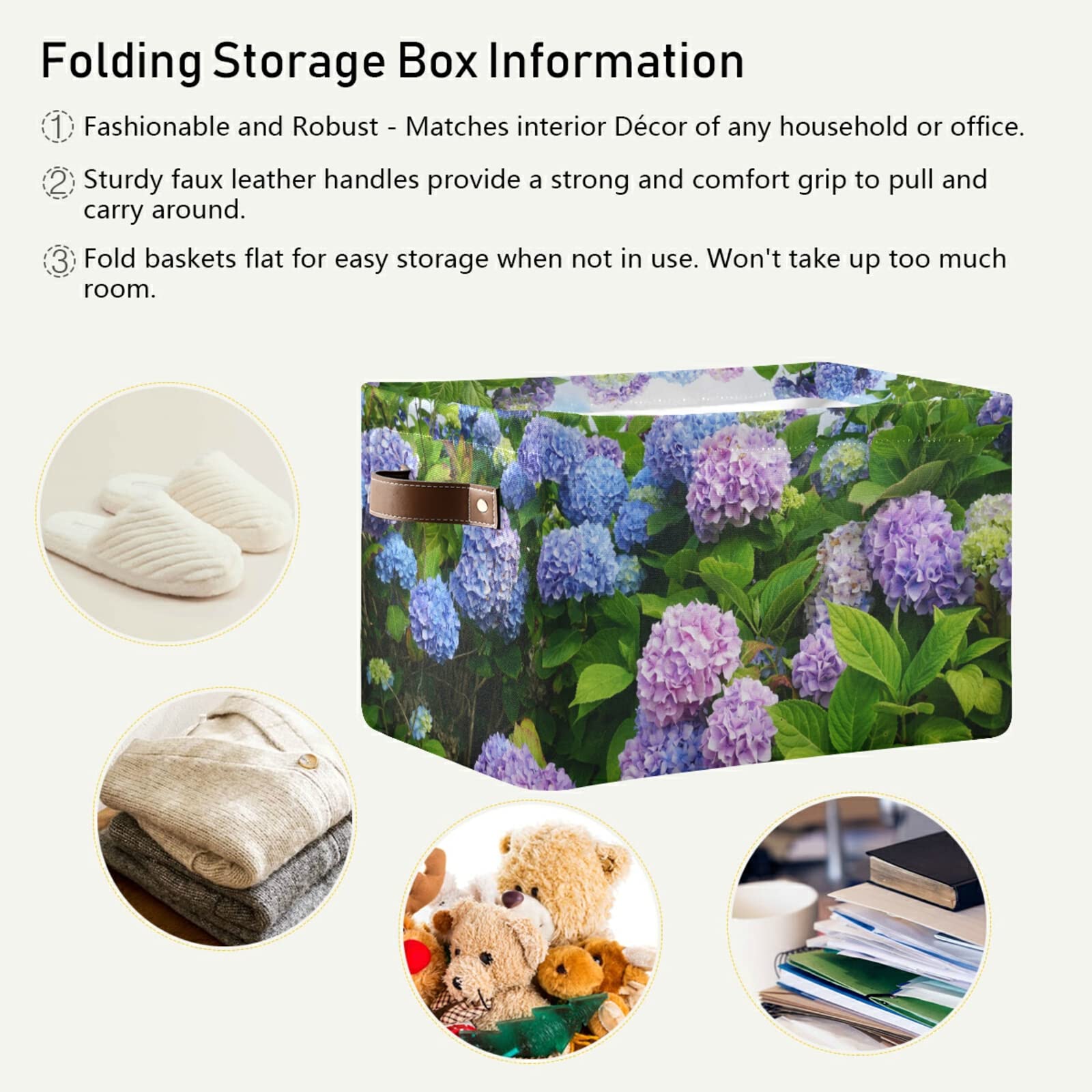 susiyo Blue Purple Hydrangea Flowers Storage Bins 2 Pack, 14 x 10 inch Canvas Storage Basket for Shelves Closet Organizing