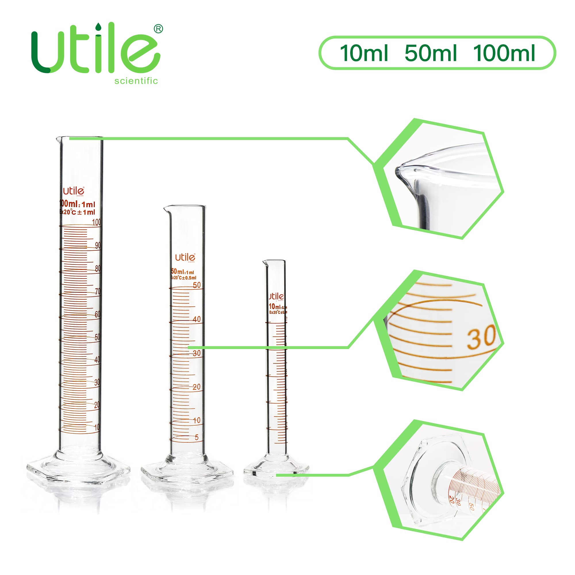 Utile Glass Graduated Cylinder Set, 3 Sizes Measuring Cylinders in 10ml 50ml 100ml, Borosilicate 3.3 Glass with Hexagonal Base, 3ml Transfer Pipettes and 1 Cleaning Brush Offered, 4099.0016.1.