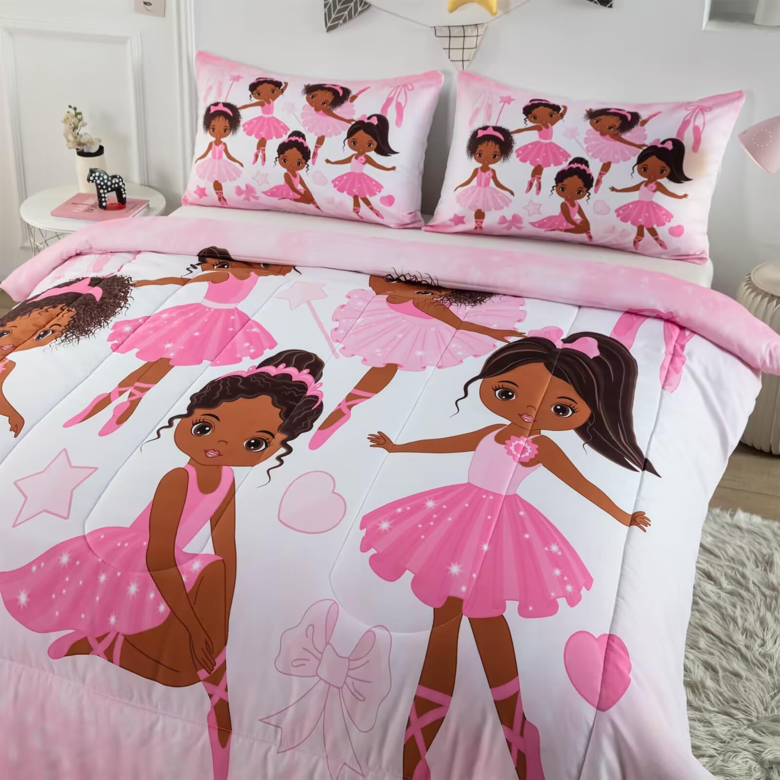 CKOU CCOO Girls Pink Ballerina Comforter Set Twin,African American Black Girl Bedding Set,Cute Little Ballet Princess Comforter Set Bedspread for Kids Toddler Girls BeBedroom Set Room Decor