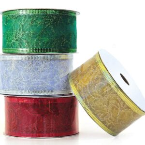 Christmas Ribbon Wired 1.5 Inch Set of 4 Ribbon Wire Red, Green, Gold, Silver/White Sheer Organza Glitter Gift, Xmas Ribbons Decoration, Holiday Craft, Gifts Wrap 40 Yards / 10 Yard Ea. Roll